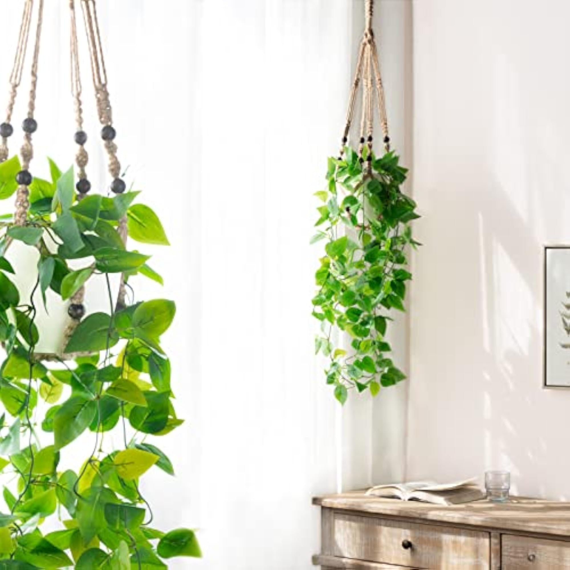 2 Packs Fake Hanging Plant with Pot, Macrame Hanger